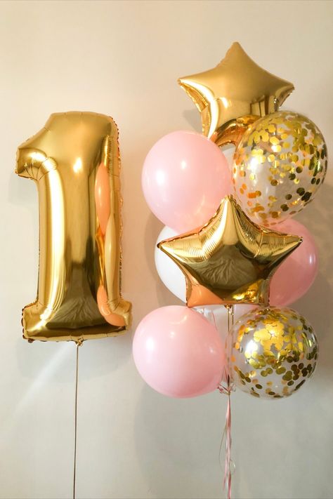 Birthday Balloon Bundle CUSTOM AGE Star Confetti Filled Classic Balloon Pink Gold Girly First Birthday Decoration Anniversary Year Celebrate any occasion with this part essential, a number balloon bundle. Pretty gold and pink party decoration that will make a great choice for fun girly events. The balloon bundle features stars, confetti-filled, classic balloons, and a large custom number balloon. Birthday Theme Pink And Gold, Gold And Pink Birthday Party, Gold And Pink Party, Pink And Gold Balloons, Pink Birthday Theme, Gold Balloons Decorations, Gold And Pink Balloons, Balloon Bundle, Butterfly Theme Party