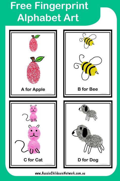 Fingerprint Alphabet Art is a simple activity for children to create objects using their fingerprints starting with each letter of the alphabet. Fingerprint Alphabet Art Letters, Fingerprint Alphabet Art, Fingerprint Letter Art, Handprint Letter Book, Alphabet Fingerprint Art, Fingerprint Alphabet, Fingerprint Art Kids, Handprint Alphabet, Abc Activities Preschool