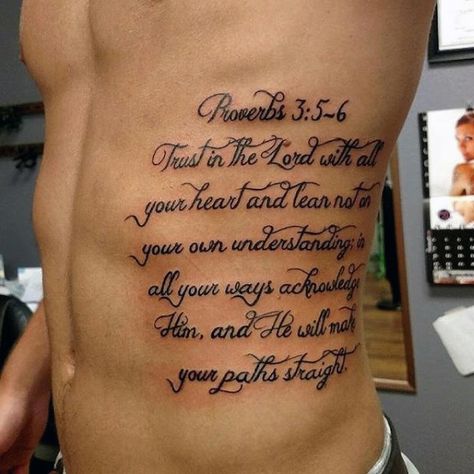 Mens Bible Verse Tattoos On Ribs Proverbs 3 5 6 Trust In The Lord With All Your Heart Bible Scripture Tattoos, Font Tato, Tattoo Guys, Bible Quote Tattoos, 6 Tattoo, Rib Tattoos For Guys, Scripture Tattoos, Tattoo Guide, Bible Tattoos