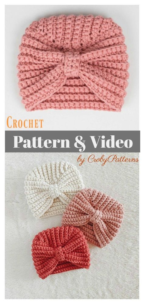 Turban Hat Free Crochet Pattern and Video Tutorial Teddy Bear Clothes Patterns, Purse Design Ideas, Crochet Preemie Hats, Hat Free Crochet Pattern, Preemie Crochet, Crochet Turban, Vintage Crochet Dresses, One Skein Crochet, Bear Clothes