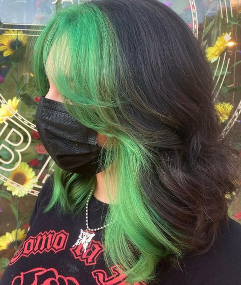 A picture of a hairstyle with green bangs and under dye with a dark brunette top. Green Hair Aesthetic Grunge, Ideas For Dyed Hair, Hair Split Color Ideas, Black Hair With Green Front Pieces, Green Undertone Hair, Green And Black Hair Aesthetic, Short Hair With Green Underneath, Cute Half And Half Hair Colors, Dark Green To Light Green Hair