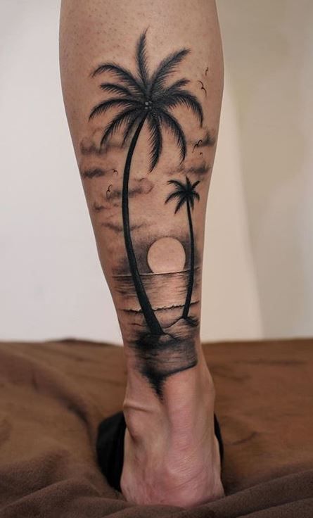 Palm Tree Arm Tattoo Men, Leg Palm Tree Tattoo, Tattoo In Calf For Men, Geometric Full Leg Tattoo, Tropical Palm Tree Tattoo, Beach Arm Tattoo For Men, Palm Tree Tattoo With Sunset, Palm Tree Tattoo Back Of Leg, Men’s Palm Tree Tattoo