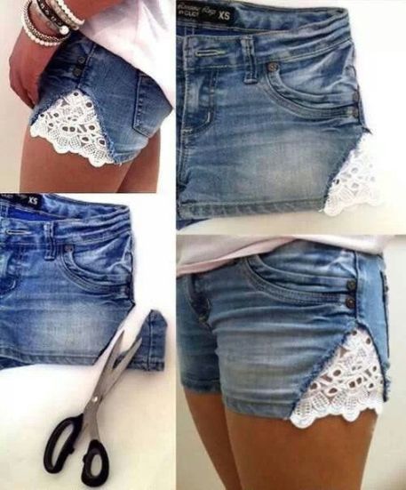 How to Make Lace Shorts: DIY Shorts Projects - Pretty Designs Diy Jean Shorts, Refashion Jeans, Jean Diy, Diy Old Jeans, Diy Summer Clothes, Shorts Diy, Diy Clothes Refashion, Lace Diy, Diy Shorts