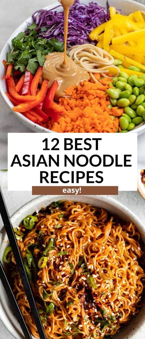 These asian noodle recipe are easy to make, healthy and vegan friendly. From peanut noodles, sesame noodles, thai noodle salad, spicy ramen noodles and more. These noodles are easy, healthy, vegetarian and packed with flavor. Veggie Thai Noodles, Essen, Korean Noodle Bowl Recipes, Recipes With Thai Noodles, Asian Beef Noodle Bowl, Raman Noodles Recipes, Sesame Noodle Bowl, Noodle Dishes Asian, Thai Peanut Noodle Bowl