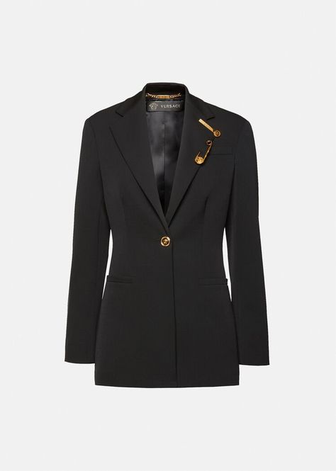 First Day At University, Versace Safety Pin, University Bag, Blazer For Women, Versace Home, Designer Jackets, High Fashion Outfits, Signature Print, Jacket Design