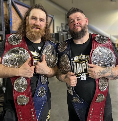A photo of Kevin Owens & Sami Zayn - the brand new WWE Undisputed Tag Team Champions capping off Night 1 of the 39th WWE #Wrestlemania ending The Usos reign of 622 days. Kos, Sami Zayn And Kevin Owens, Wwe Funny, The Usos, Wwe Wrestlemania, Sami Zayn, Wrestling Posters, Wwe Tag Teams, Kevin Owens