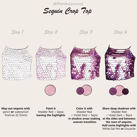 Hello my darlings!9th TUTORIAL on sequins 👇👇👇. LIKE if it helps you ❤  BTW, what do you think about watercolor swatches?) . 🔹 Not all… Illustration Techniques, Watercolor Swatches, Fashion Illustration Tutorial, Fabric Drawing, Fashion Design Books, Fashion Figure Drawing, Fashion Illustrations Techniques, Fashion Drawing Tutorial, Fashion Drawing Sketches