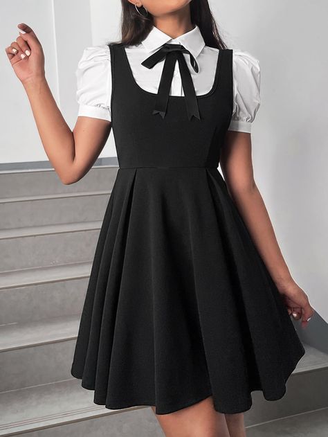 School Dresses Uniform, Plain Black Dress Styling, Black Dress For School, Black School Dress, Black Preppy Outfit, Black Uniform Outfits, Varian Cosplay, Blouse Under Dress, Black Dress Kids