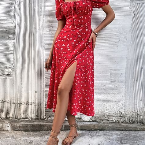 Puffy Sleeve Dress, Split Thigh Dress, Boho Pattern, Puffy Sleeve, Floral Squares, Red Floral Dress, Square Neck Dress, Split Dress, Boho Patterns