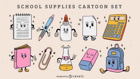 School Cartoon Aesthetic, School Vector Illustration, Retro Cartoon Illustration, Retro Character Design, Retro Cartoon Characters, Back To School Illustration, Retro School Supplies, Back To School Graphic, Retro Cartoon Style