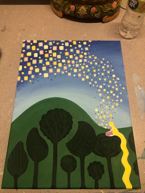 Drawings On Canvas Aesthetic, Rapunzel Themed Painting, Painting Ideas On Canvas Rapunzel, Repunzle Painting Ideas, Things To Paint Big Canvas, Painting Ideas Reference, Designs On Wall Painting, Tangled Paintings Easy, Tangled Themed Painting