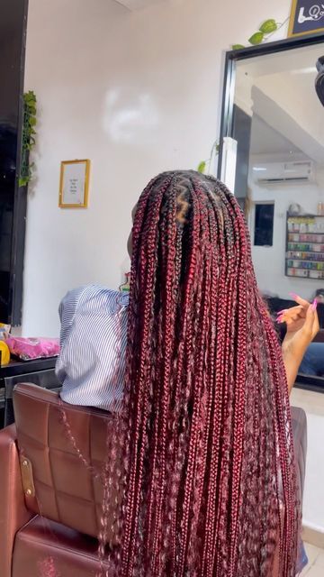 Red Brown Goddess Braids, Burgundy Knotless Goddess Braids, Long Red Goddess Braids, Red Knotless Braids With Black Roots, Burgundy Knotless Braids With Curls, Lower Back Knotless Braids, Red Bohieman Knotless Box Braids, Maroon Goddess Knotless Braids, 99j Braids Black Women