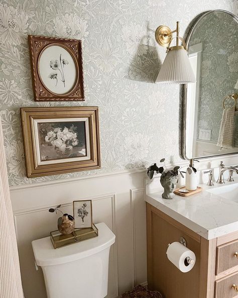 Elevated Bathroom Decor, Maximalist Powder Room, Scandinavian Powder Room, Narrow Half Bathroom Ideas, Art Above Toilet, Bathroom Wainscot, Modern Vintage Interior, Mom Bathroom, Small Half Bathroom