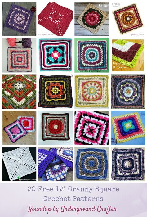 Roundup: 20 free 12" (30.5 cm) granny square crochet patterns via Underground Crafter | These large squares make great trivets, dishcloths, or washcloths. And, of course, you can use them in granny square blankets alone or in combination with 4", 6", or 8" squares. Granny Square Blankets, Granny Square Pattern Free, Sunburst Granny Square, Granny Square Haken, Granny Square Crochet Patterns, Crochet Motif Patterns, Crochet Granny Square Blanket, Crochet Blocks, Crochet Granny Square