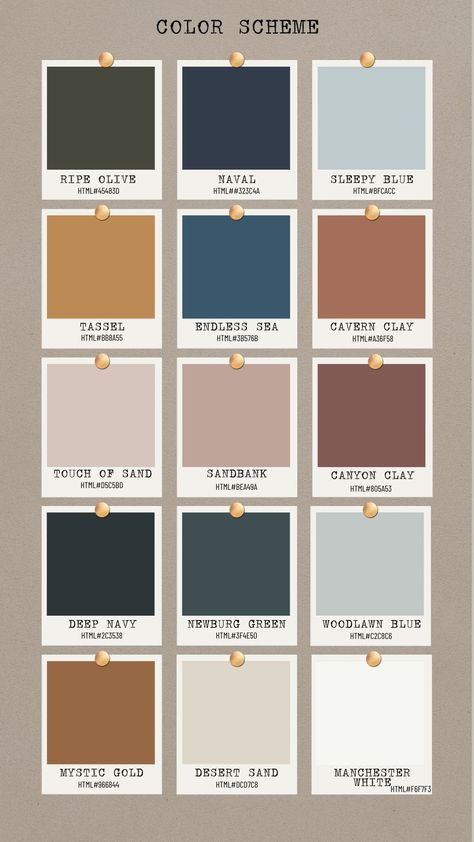 Muted House Colors, Soft Earth Tone Color Palette, Rust Navy Blue Color Palette, Home Decorating Color Palettes, Modern Colonial Color Palette, Living Area Color Palette, Earth Tone Half Bath, Vintage Living Room Color Palette, Craftsman Home Color Palette