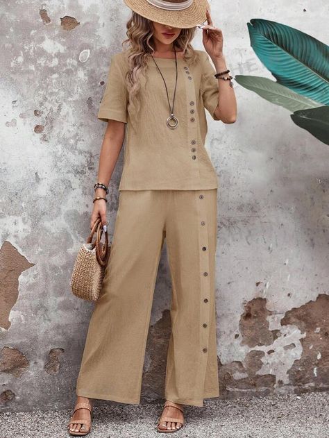 Linen Clothes For Women Classy, Trajes Casual, Womens Casual Suits, Wide Leg Pants Outfits, Casual Chic Outfits, 2piece Outfits, Wide Leg Pant Suit, Pantalon Large, Strappy Sandals Heels