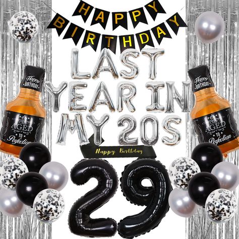 PRICES MAY VARY. 29th Birthday Decorations: Package includes 15*12 inches latex balloons, 1*16 inches Last Year in My 20s foil balloons, 1*40 inches number 29 foil balloons, 1 whiskey bottle foil balloon, 1 HAPPY BIRTHDAY banner, 1 happy birthday sash and 1 tinsel curtain. Cheers to 29 Years Decorations: This 29th birthday party decorations matched with the whiskey balloon and 29th birthday themed balloons is specially designed to help you add more atmosphere to the important birthday party for 29 Years Old Birthday, 29th Birthday Decorations, Balloons Happy Birthday, 30th Birthday Party Decorations, In My 20s, Birthday Decorations For Men, Blowing Up Balloons, Birthday Sash, Mens Birthday Party