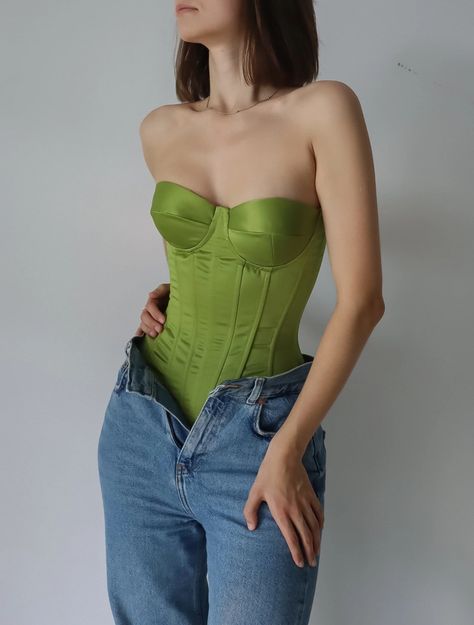 Green Satin Corset Belt With Cups Sage Over Bust Steel Boned | Etsy Lace Corset Outfit, Dress With Corset Belt, Corset Photoshoot, Strapless Top Outfit, Corset Belt Outfit, Green Corset Dress, Green Satin Top, Green Top Outfit, Olive Green Outfit
