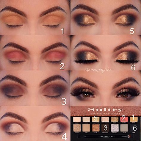 Eyeshadows Ideas, Smokey Eye Makeup Steps, Gold Eye Makeup Tutorial, Easy Eye Makeup Tutorial, Step Ideas, Eyeshadow Tutorial For Beginners, Sultry Makeup, Makeup Green, Eyebrow Eyeshadow