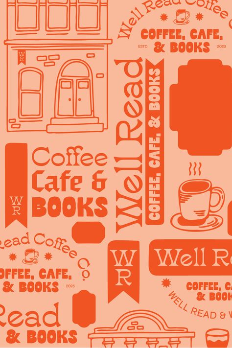Branding for Well Read Cafe & Bookstore. A conceptual project I created to itch the desire to open a coffee shop/ book shop combo! Filled with fun fonts, colors, illustrations, and more. 
#coffeeshopbranding #coffeebranding #coffeelogo #coffeeshoplogo #fallaesthetic#bookstagram #smallbusinessbranding #branddesigner #logodesign #cutelogo #logodesigner #graphicdesigner #designer #brand #illustration #illustrator Logos, Books And Coffee Shop, Cute Coffee Illustration, Bookstore Branding Design, Book Store Branding, Cozy Graphic Design, Bookshop Branding, Bookstore Logo Design, Coffee Shop Branding Design