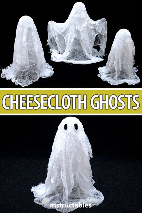 How To Make Halloween Ghouls, Halloween Cheesecloth Decoration, Halloween Ghosts Decorations, Diy Ghost Hanging From Tree, Cheesecloth Ghost Cornstarch, Ghosts Made With Cheesecloth, How To Make Ghost With Cheese Cloth, Diy Standing Ghost Decoration, Diy Giant Ghost