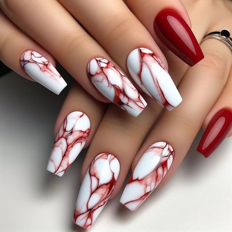 Acrylic Nail Designs Maroon, Cathedral Nail Art, Acrylic Marble Nail Designs, Black And Red Coffin Nail Ideas, Red Marble Nail Designs, Marble Art Nail Design, Maroon Nails Ideas, Maroon And White Nails Design, Red And White Marble Nails