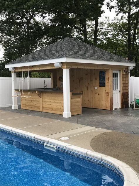 Pool Shed With Bar And Storage, Pool Pergola Ideas, Bar With Swings, Small Pool Shed, Small Pool House Ideas, Pool Bar Ideas, Spilled Flower Pot Ideas, Pool House Bar, Spilled Flower Pot