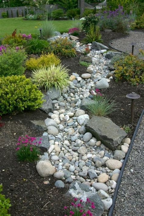 Stream Landscaping, Dry Stream, River Rock Garden, River Rock Landscaping, Small Front Yard Landscaping, Rock Garden Design, Front Yard Design, Rock Garden Landscaping, Dry Creek