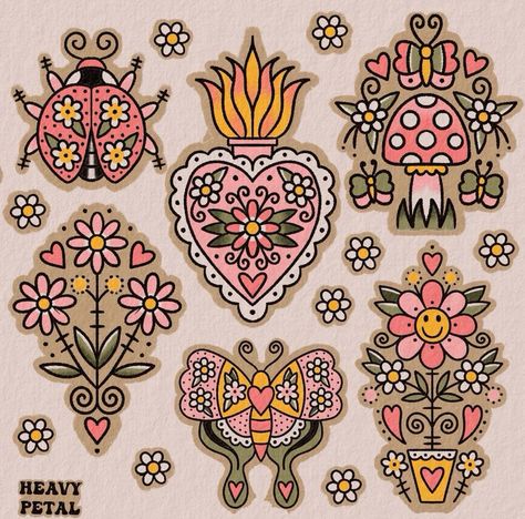 Croquis, American Traditional Tattoo Drawing, Folk Art Flowers Tattoo, 70s Flower Tattoo, Flash Art Tattoos For Women, 70s Inspired Tattoos, Cute American Traditional Tattoo, American Traditional Flowers, Pastel Tattoos