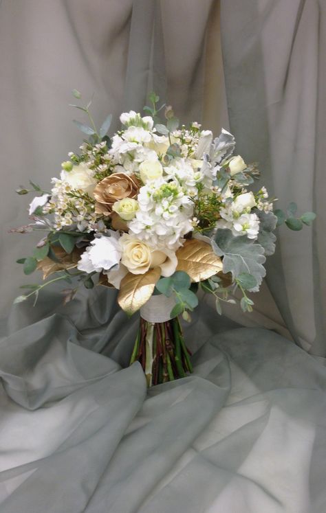 Wedding Bouquet Gold And White, Gold Floral Bouquet, Gold White Champagne Wedding, White Bouquet With Gold Ribbon, Flowers For Gold Dress Bouquets, 50th Wedding Anniversary Flower Bouquet, White Green And Gold Wedding Bouquet, White And Copper Bridal Bouquet, White Green And Gold Wedding Flowers