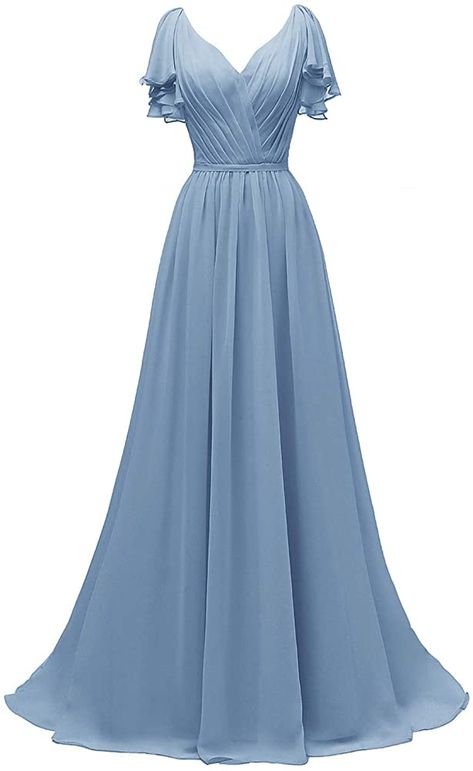 Wedding Evening Gown, Bridesmaid Dresses With Sleeves, Long Formal Dress, Formal Dresses With Sleeves, Evening Party Gowns, Gowns With Sleeves, Bridesmaid Gown, Chiffon Bridesmaid, Ruffle Sleeves