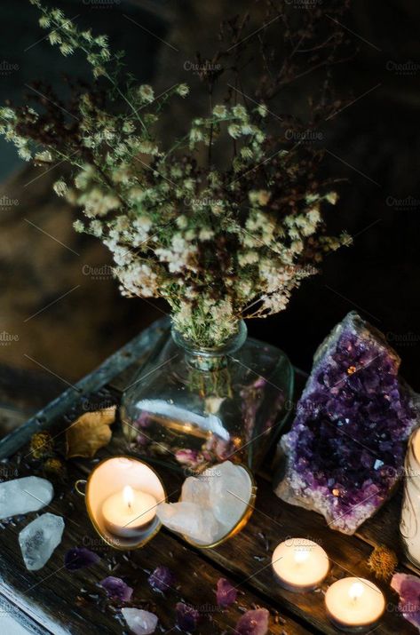 Manifestation Altar, New Age Aesthetic, Candles And Crystals, Spiritual Altar, Witchy Home, Spiritual Clothing, Cottage Witch, Meditation Altar, Metaphysical Shop