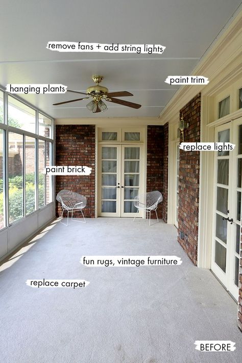 Sunroom BEFORE Enclosed Porch Office Ideas, Sunroom With Tv Ideas, Sunroom In Front Of House, Painted Brick Sunroom, Tv In Sunroom Ideas, Add Sunroom To House, Turning Porch Into Sunroom, Sunroom School Room, Back Porch To Sunroom