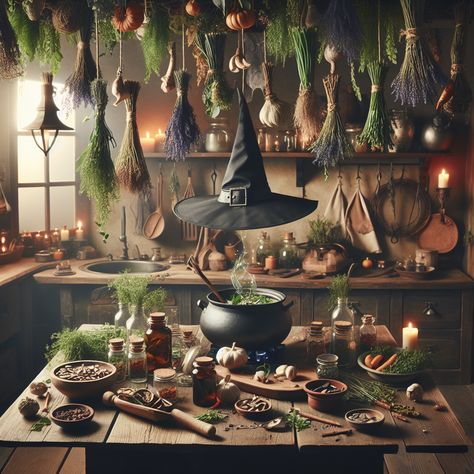 A kitchen filled with magical ingredients, where a witch brews a potion with herbs hanging from the ceiling. Witch’s Kitchen, Spooky Witch Aesthetic, Witch Workshop, Practical Magic Aesthetic, Witch Cottage Aesthetic, Witch Lair, Potion Witchcraft, Location Aesthetic, Potion Room