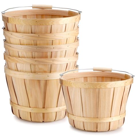 PRICES MAY VARY. Large Size and Package: you will receive 6 large bushel basket with wire harness and wooden handle, the diameter of each produce bushel is about 11 inches/ 28 cm, the height is about 6.69 inches/ 17 cm, the handle is metal material, there are wood spacers, protecting your hands from abrasion, large size and sufficient quantity can fully meet your daily or business needs DIY Home Decor: this vegetable wood fruit buckets can be decorated with fresh flowers, dried flowers or artifi Wooden Baskets, Farmers Market Display, Bushel Baskets, Apple Baskets, Wood Basket, Wooden Basket, Vegetable Basket, Market Displays, Market Baskets