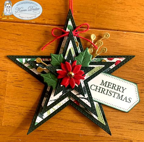 Natal, Stampin Up Christmas Decorations Paper Ornaments, Stampin Up Wooden Ornaments, Cardstock Ornaments Diy, Handmade Paper Ornaments, Stampin Up Christmas Ornaments Ideas, Star Christmas Cards, Diy Star Ornaments, Christmas Tag Ideas