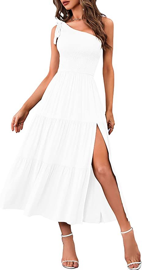 MEROKEETY Women's Summer One Shoulder Sleeveless Knot Smocked Midi Dress Split Tiered Flowy Dresses Summer Dresses Amazon, White Summer Maxi Dress, Fresh Dress, Split Dress, Midi Cocktail Dress, Ruffle Mini Dress, Women Wedding Guest Dresses, Flowy Dress, Women's Summer Fashion