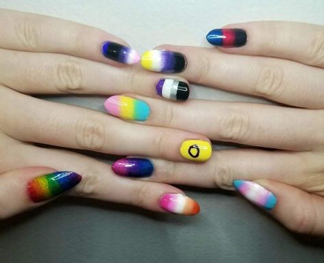 Nonbinary Flag Nails, Pride Flag Nails Designs, Gender Fluid Tattoo, Pan Flag Nails, Lesbian Flag Inspired Outfit, Lesbian Nail Ideas, Nonbinary Nail Art, Trans Flag Nails, Pan Nails Pride