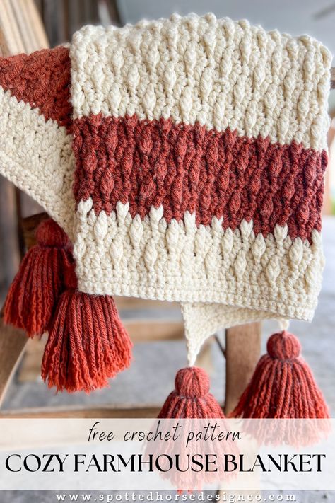 Cozy Crochet Blanket Free Pattern - Spotted Horse Design Co. Crochet Throw Blanket Easy, Chunky Crochet Pattern, Crochet Blanket Chunky, Textured Crochet Blanket, Crochet Bobble Blanket, Cozy Crochet Blanket, Farmhouse Blanket, Spotted Horse, Chunky Crochet Blanket Pattern