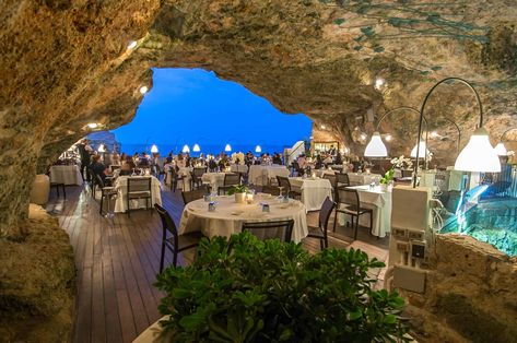 Hotel and sea cave Restaurant in Polignano a Mare | Puglia Grotta Palazzese, Cave Restaurant, Sea Cave, Natural Cave, Camping Set Up, Underground Art, Perfect Road Trip, Romantic Restaurant, Camping Set