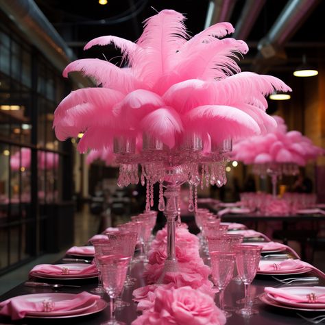 50shades Of Pink Party, Pink Feather Table Decor, Pink Feather Party Decor, Barbie Galentines Party, Quince Barbie Theme, Pink Glitz And Glam Party Decorations, Pink Parties Ideas, Pink And Pearl Theme Party, Pink Friday Party