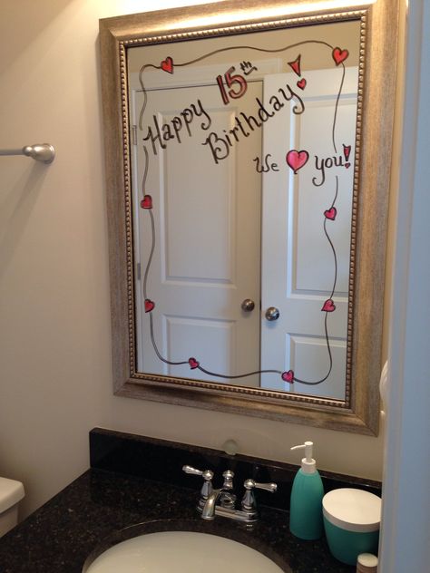 Birthday morning surprise! Bathroom Birthday Surprise, Birthday Mirror Ideas, Surprise For Mom Birthday, Morning Birthday Ideas, Dorm Room Birthday Surprise, Easy Diy Bday Decorations, Sweet 16 Morning Surprise, Sweet 16 Surprise Ideas, Morning Birthday Surprise For Him