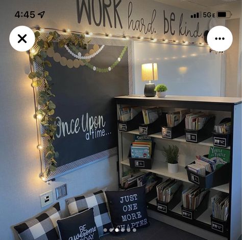 Organisation, Industrial Bulletin Board Ideas, Calm Reading Corner Classroom, Black Classroom Walls, Sage Green Bulletin Board, Classroom Library Nook, Comfy Classroom Decor, Classroom Themes Highschool, Farmhouse Reading Corner Classroom