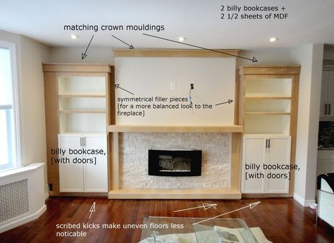 Built In Around Fireplace, Billy Ikea, Ikea Built In, Living Room Built Ins, Fireplace Built Ins, Ikea Billy Bookcase, Ikea Billy, Billy Bookcase, Diy Ikea