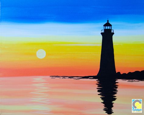 Lighthouse Silhouette Paint and Sip Party Silloettes Art Easy, Lighthouse Canvas Painting, Painting Ideas Lighthouse, Lighthouse Painting Easy, Shilloute Art, Easy Silhouette Paintings, Silhouette Paint, Lighthouse Silhouette, Paint And Sip Ideas
