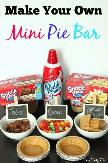 Snacks Sleepover, Fruit Cups For Party, Mini Pie Bar, Snack Pack Pudding, Snack Cart, Mini Pie, Snack Pack, Pudding Cups, Food Bar