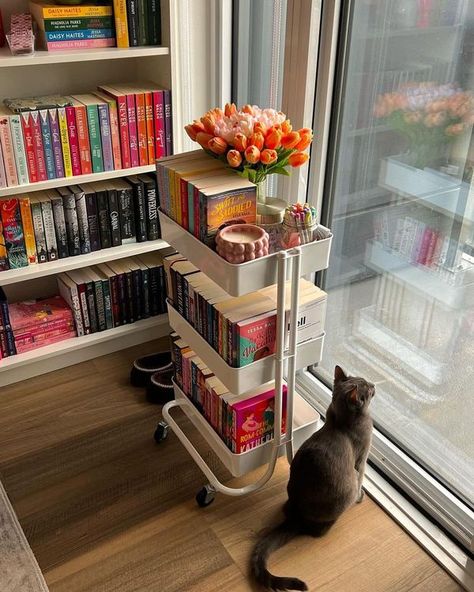 Room Book Aesthetic, Bookshelf Cart, Bookshelf Styling Aesthetic, Mini Library In Bedroom, Pink Bubble Candle, Mini Book Shelf, Small Home Library Room, Library Bedroom Ideas, Pretty Bookshelf