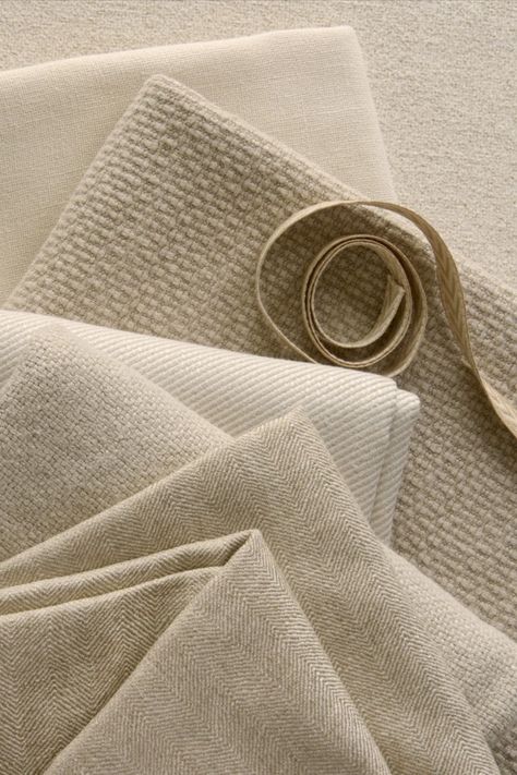 Range of Serrano cream and beige fabrics with styling. Linen Knit Fabric, Neutral Fabric Swatches, Types Of Linen Fabrics, European Mood Board, Wool Fabric Texture Textiles, Linen Astethic, Sustainable Moodboard, Fabrics Aesthetic, Texture Moodboard