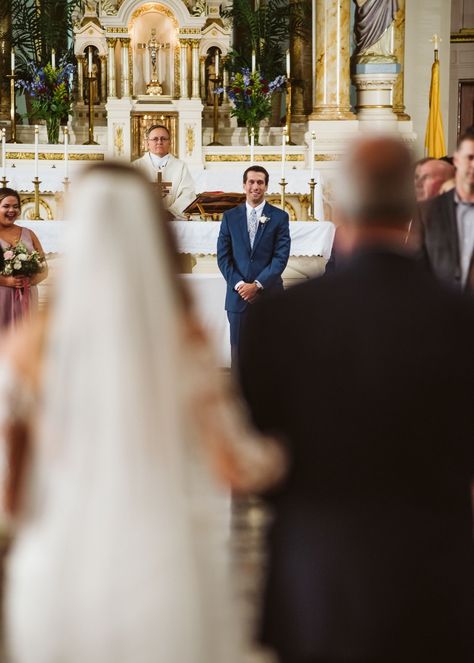 Groom First Look At Bride, Kaitlin Cooper, Bride Aisle, Katie Cooper, Church Wedding Photos, Wedding Church Aisle, Church Wedding Photography, Wedding Shot List, Groom Reaction