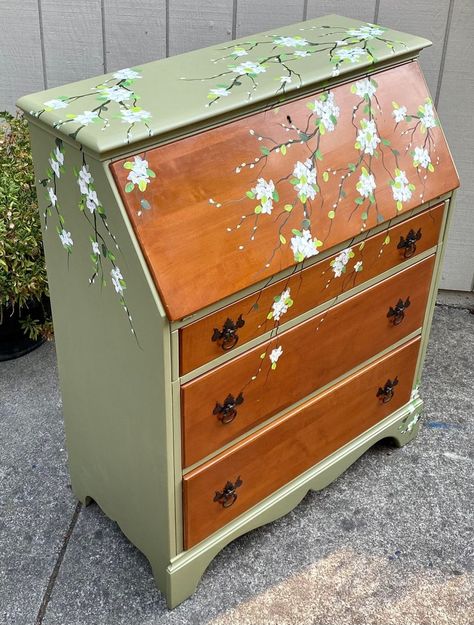 Out of Stock, Sold Out, Secretary Desk - Etsy Canada Jade Room Decor, Painted Furniture Stencil, Painting On Wood Furniture, Rooms With Gold Accents, Floral Painted Nightstand, Painting On Drawers, Cottagecore Aesthetic Furniture, Leaves Painted On Furniture, East Wood Projects